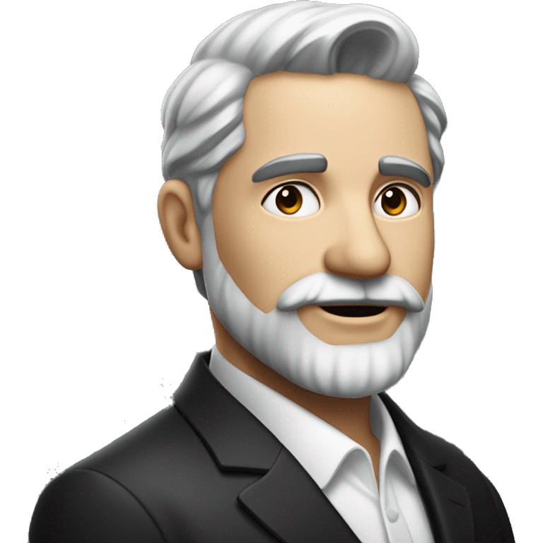 Portrait of a distinguished man with short salt-and-pepper hair, a neat beard, wearing a dark suit and white shirt, with a confident, warm expression and a softly blurred background. emoji