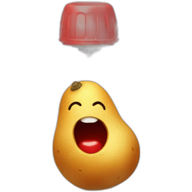 une patate avec des bras et de jambe qui tien une fourchette dans une main et une bouteille de ketchup dans l'autre emoji