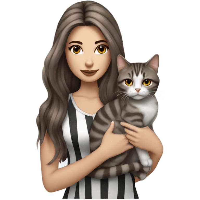 Beautiful brown haired tattooed woman holding gray and white striped long hair cat emoji