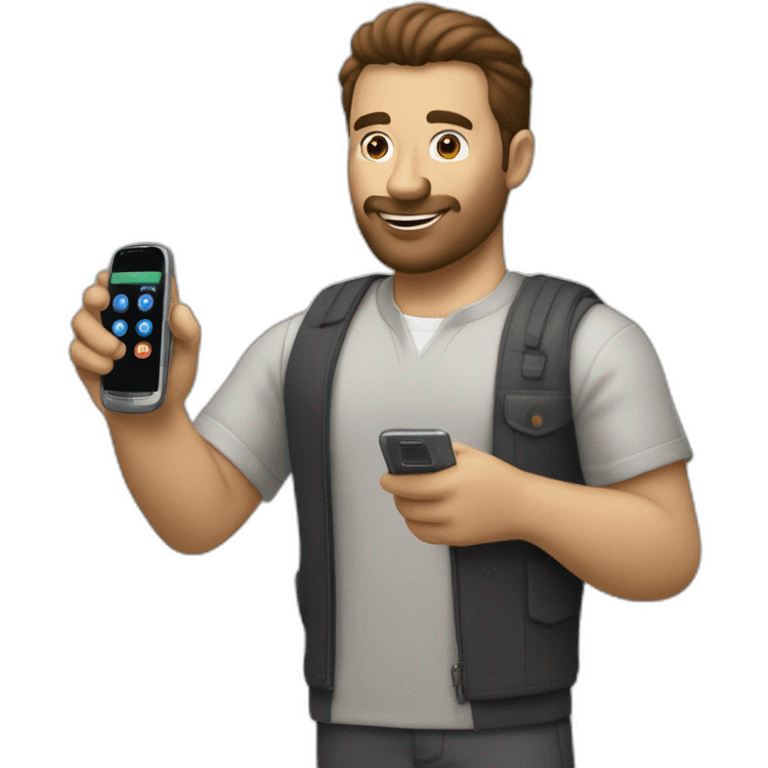 Hombre bien vestido con telefono motorola con numeros en la mano emoji