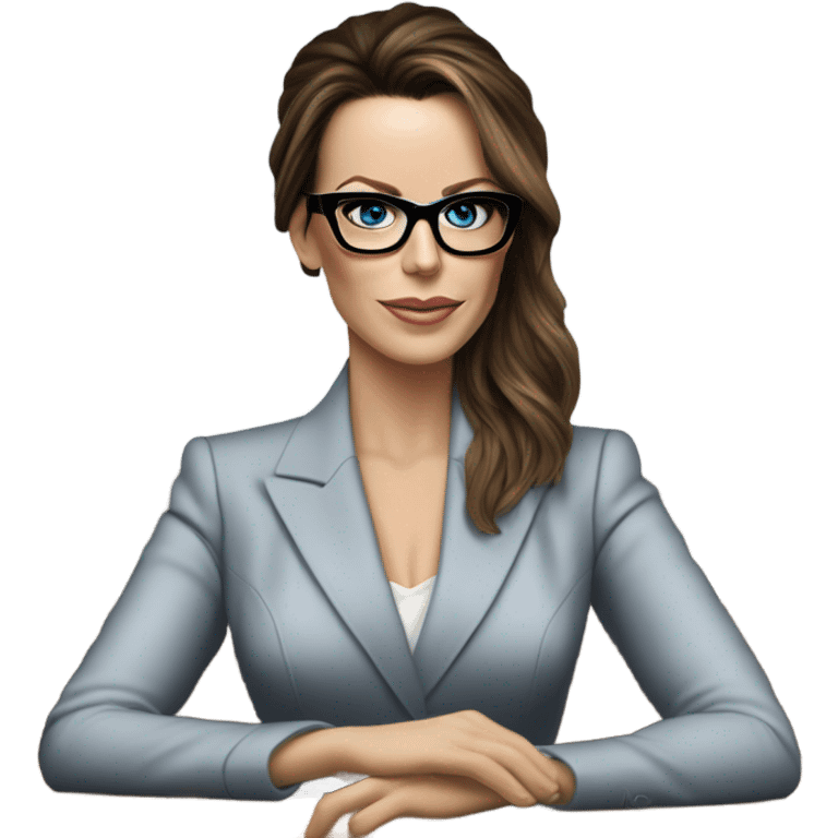 Hyper Realistic photo Kate Beckinsale blue eyes wearing glasses in a business meeting high fashion  emoji