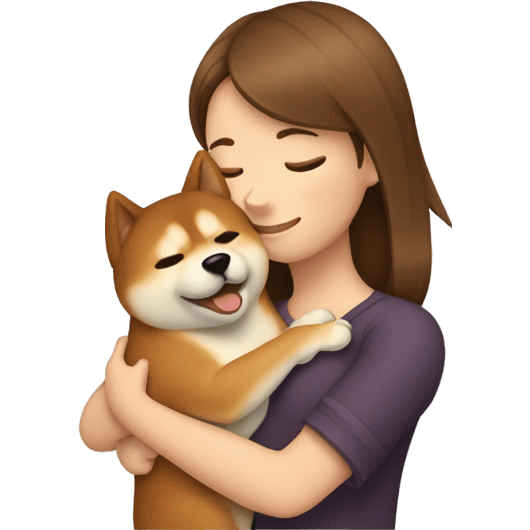 a girl in brown hair hugging Shiba dog emoji