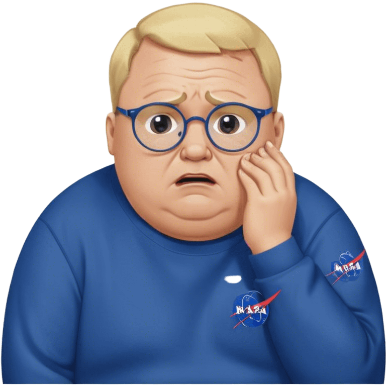 angry fat man, crying like a kid,  blond short and hight receding hairline, wearing a dark blue sweatshirt, nasa logo on the sweatshirt, round glasses without frame, 40 years old emoji