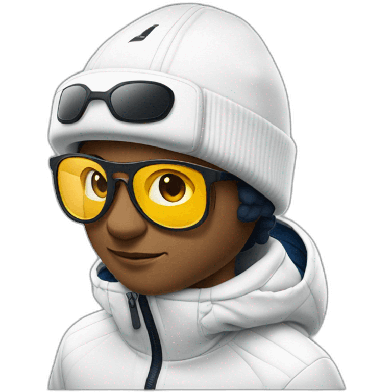 Un garçon blanc qui porte das lunettes de ski, il a les cheveux noirs, un survetement de lacoste et une casquette nike emoji