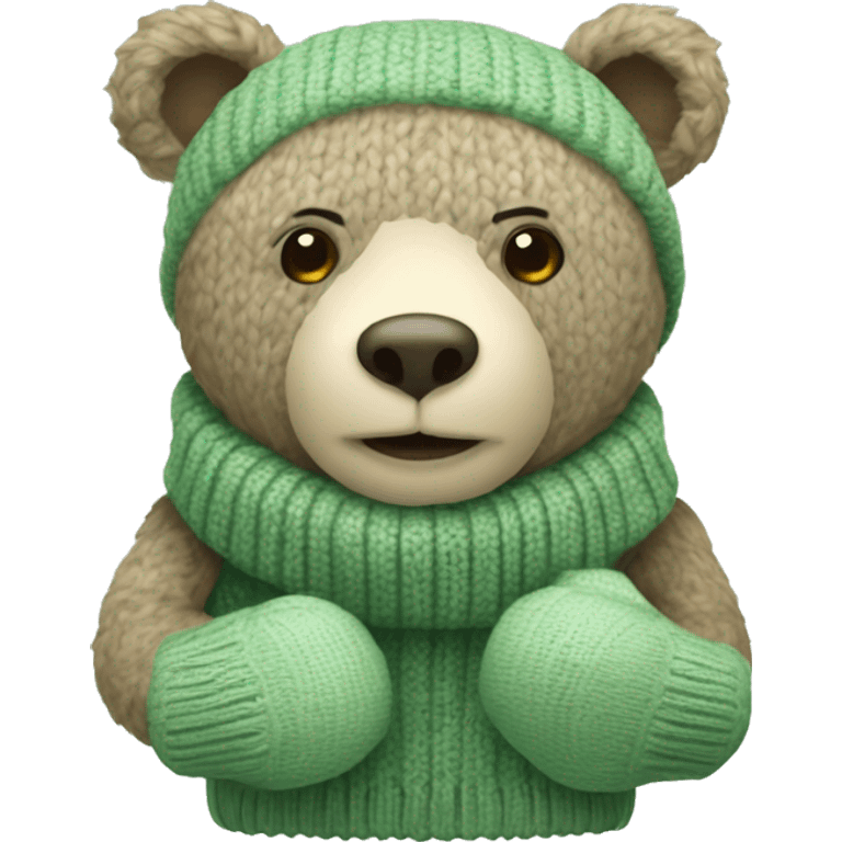 Cute Bear with knitted Sage green mittens emoji