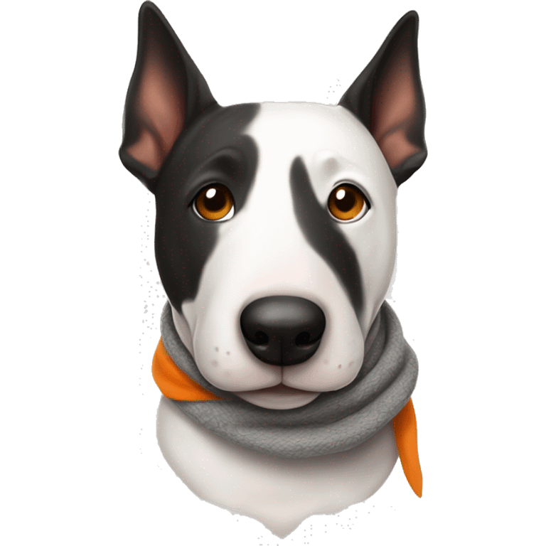 Bullterrier blanca de orejas largas con ojos negros usando una bufanda naranja. emoji