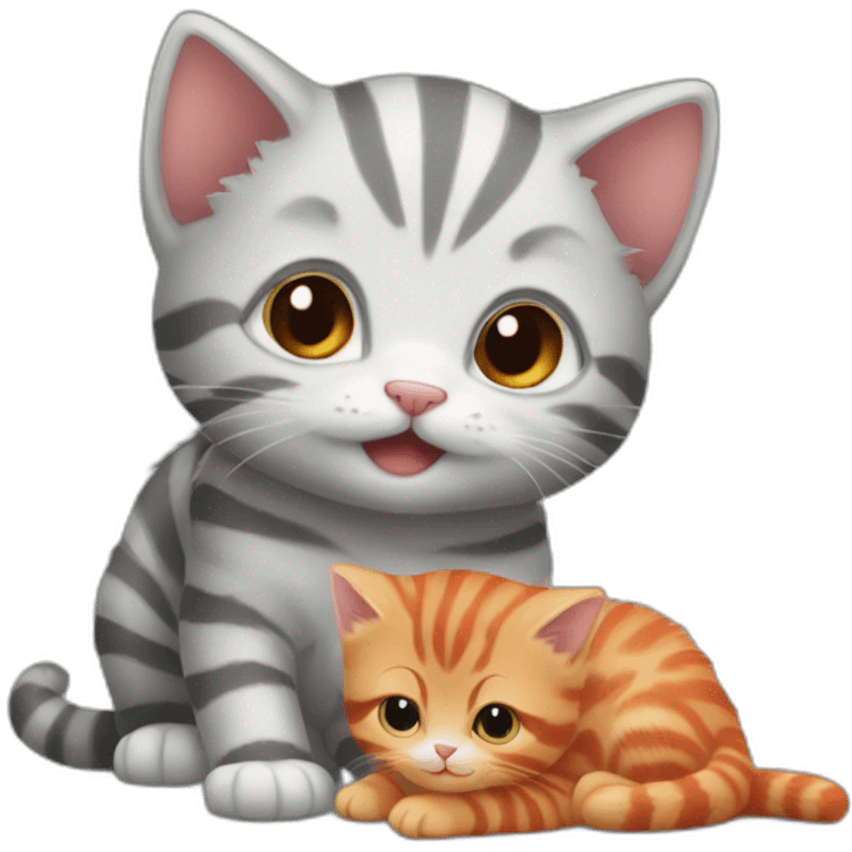 'small striped grey kitten' playing with 'bigger red kitten' emoji