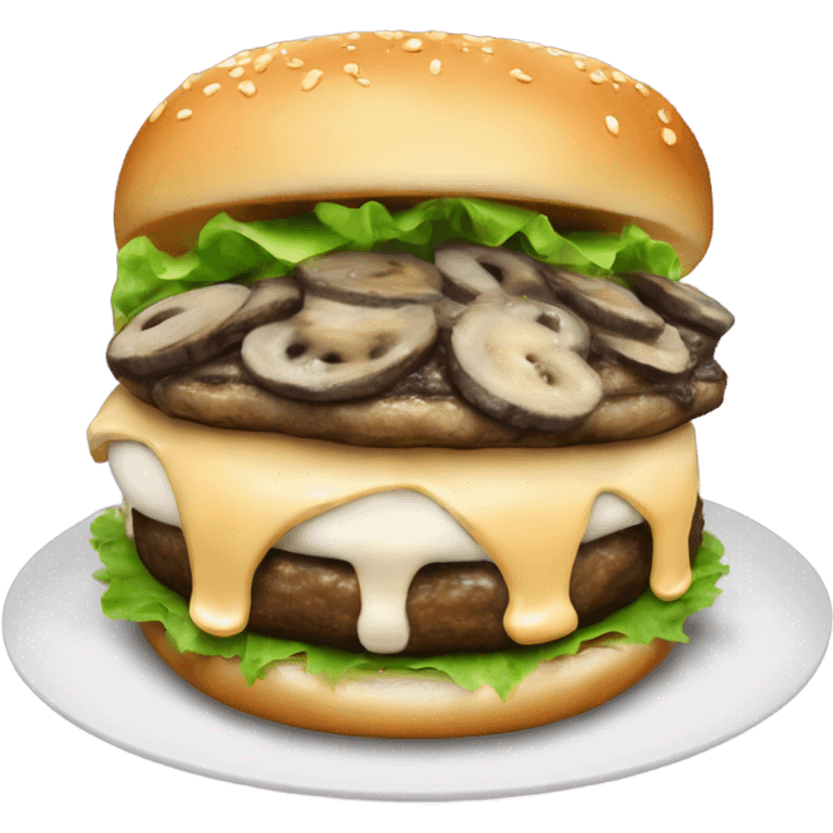 Burger with Swiss cheese, mushrooms, carmelized onions, and truffle aioli  emoji