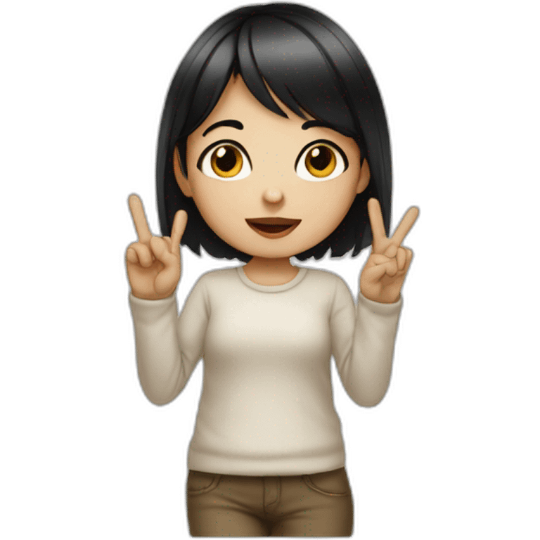 Small white skin black haired girl showing three fingers emoji