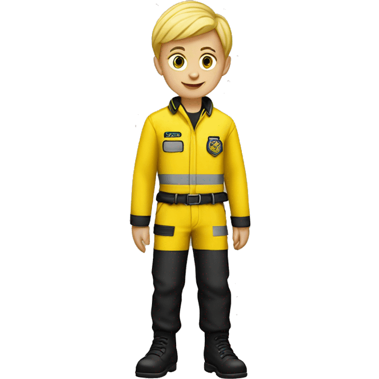 blonde boy wearing bright yellow and red ems uniform, and yellow trousers and black boots emoji