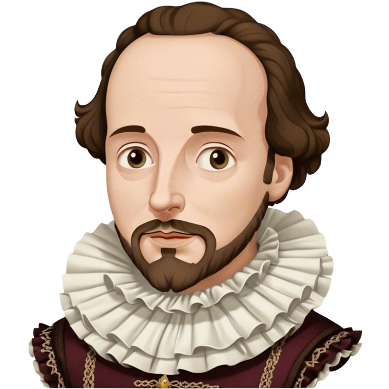 Cinematic Realistic portrait of William Shakespeare, depicted as an iconic playwright in richly detailed Elizabethan attire with a ruffled collar, expressive eyes, and a thoughtful gaze, bathed in dramatic historical lighting that evokes the Bard’s timeless legacy emoji