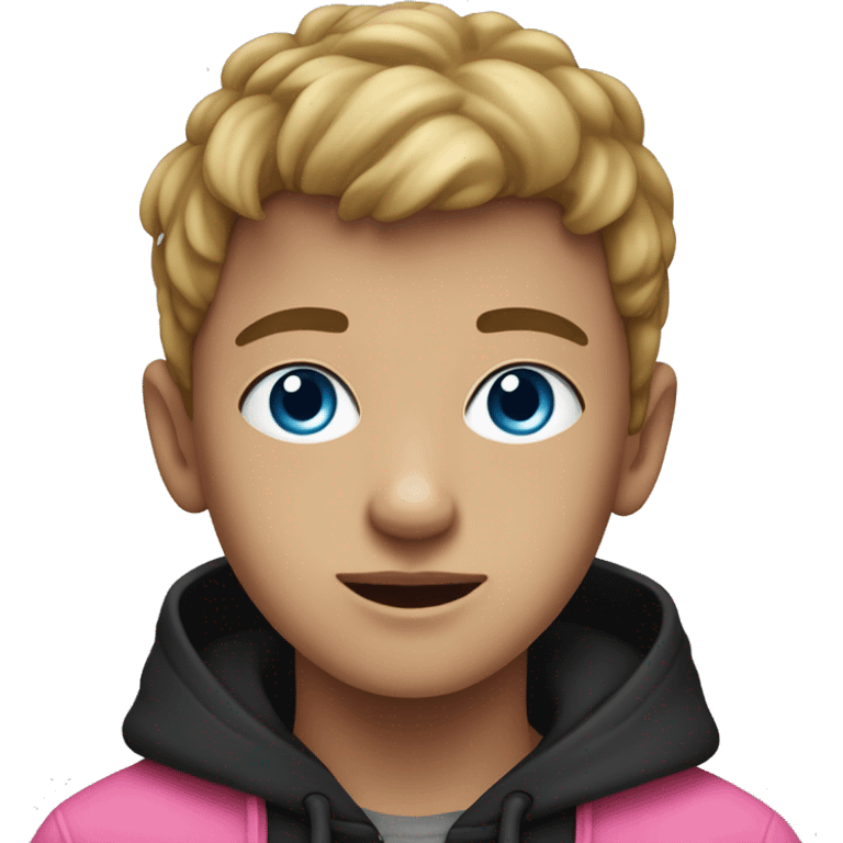 Boy with black hoodie Blue eyes And a Pink Blanced obere his head emoji