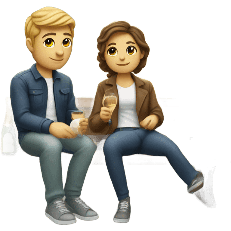 couple of white people with brown hair, sitting closely on a park bench, enjoying a romantic moment. One person is holding a croissant, and the other is holding a glass of Prosecco.  emoji