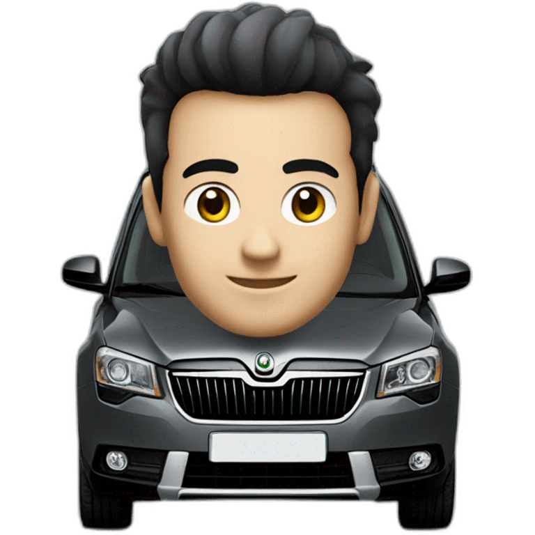 A man with black short hair near the car “Skoda Yeti” in dark grey colour emoji