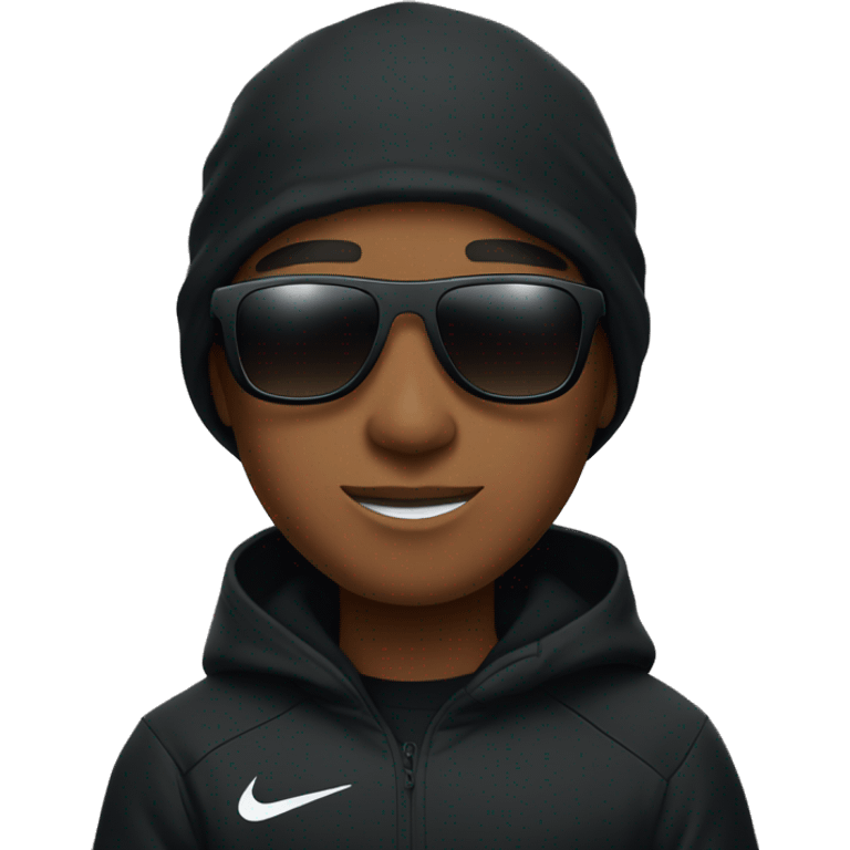 Brown skin boy in a black Nike tech hoodie with a Nike ski mask on and shades emoji