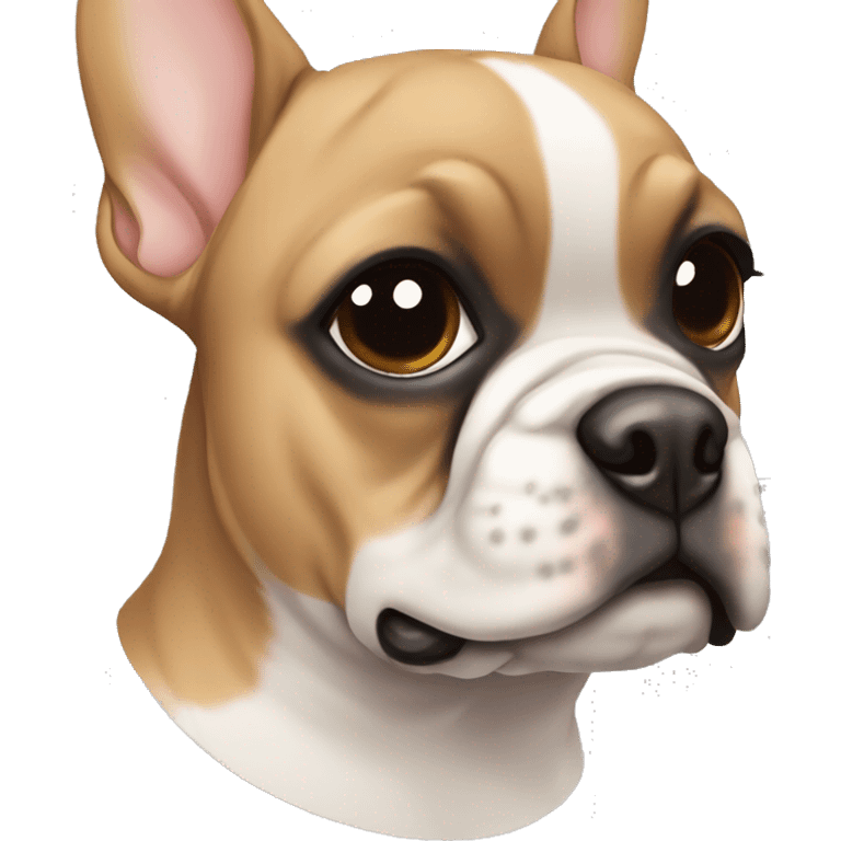 Light brown Frenchie with a white stripe on face and a black eye and a black spots emoji