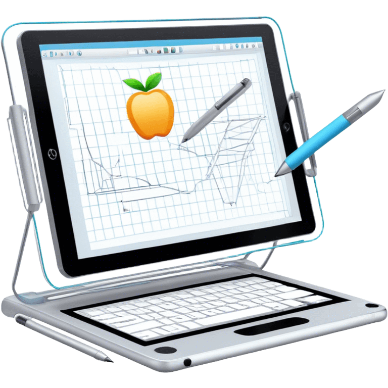 Create an emoji for 3D visualization and modeling. Show a large graphic tablet with a stylus drawing in a 3D modeling program, displaying a wireframe model on the screen. Use modern, professional colors. Do not include any emojis or smiley faces. Make the background transparent. emoji