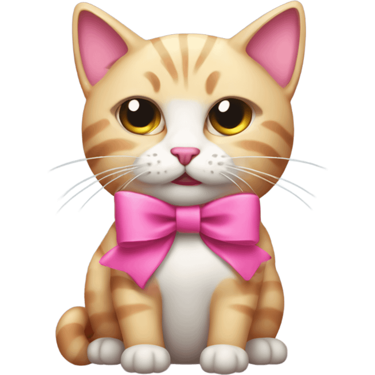 Cat with a cut pink bow and she is rageoll with a bit of a squished face emoji