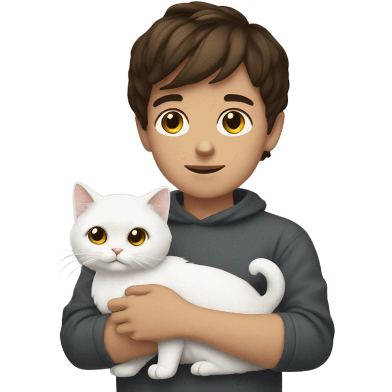 Brunette boy with a white Persian cat emoji