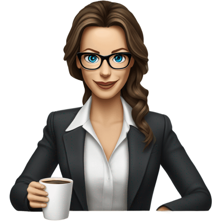 Hyper Realistic Kate Beckinsale blue eyes wearing glasses in a business dress drinking coffee happy  emoji