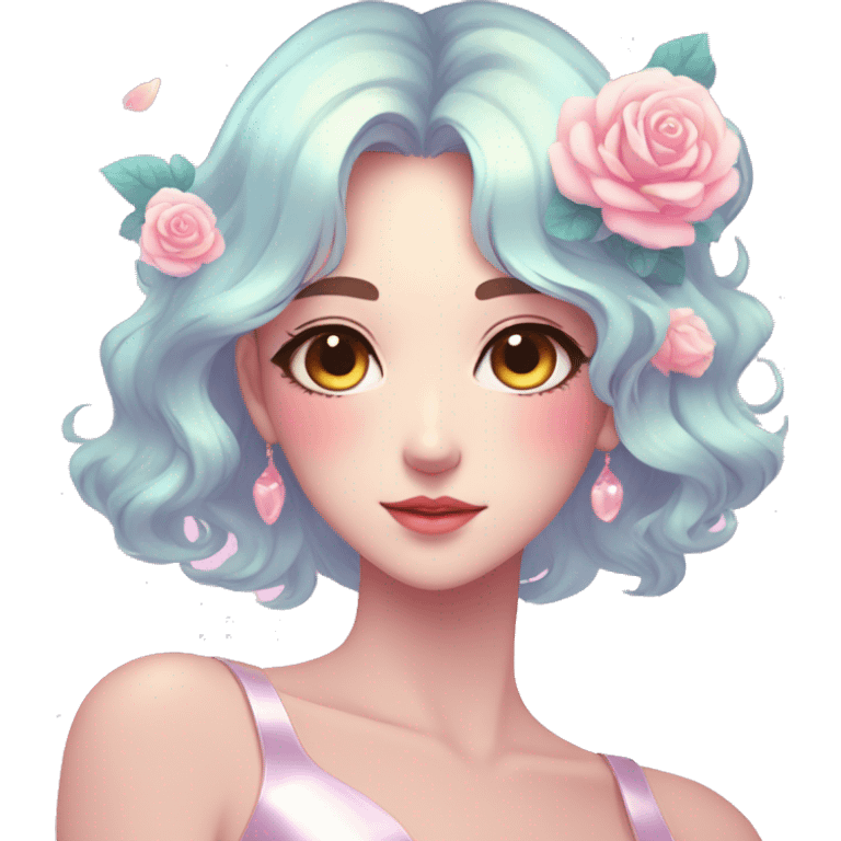 Gorgeous pastel shiny pearly colorful anime style lady with blushing face and roses leaves shiny aesthetic trending style emoji