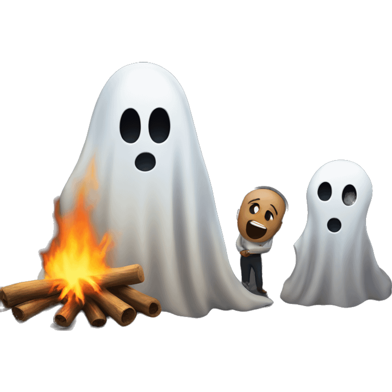 Ghosts stare at man around bonfire emoji