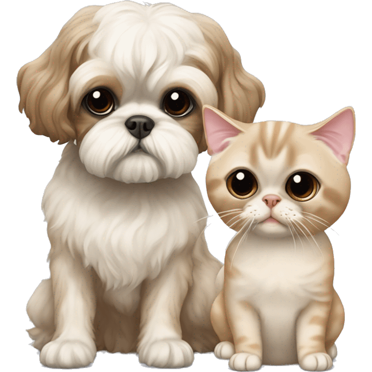 Beige shih tzu sitting next to a small beige Devon Rex cat  emoji