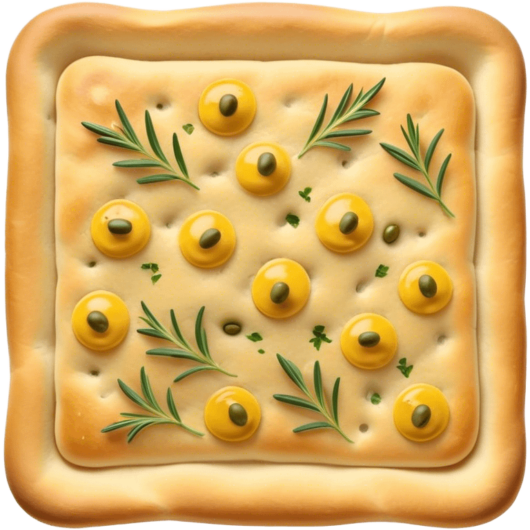 Focaccia Cinematic Realistic Focaccia Bread Dish Emoji, depicted as a golden, olive-oil brushed flatbread sprinkled with herbs, rendered with lifelike textures and warm, inviting lighting. emoji