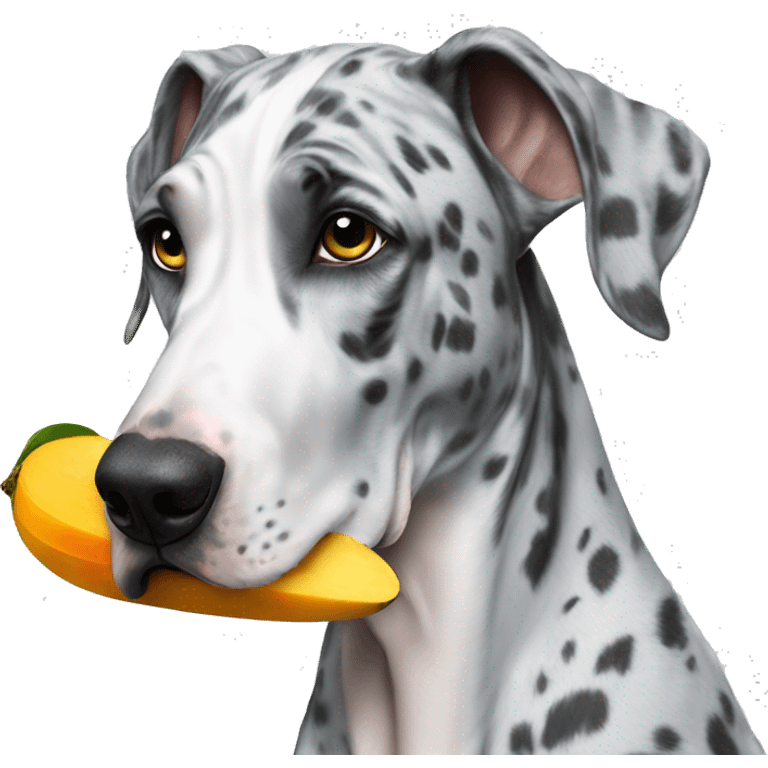 Blue Merle Great Dane eating mango emoji