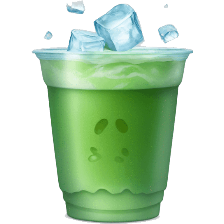 A plastic cup filled with green matcha, ice cubes floating inside, and light condensation on the outside. emoji