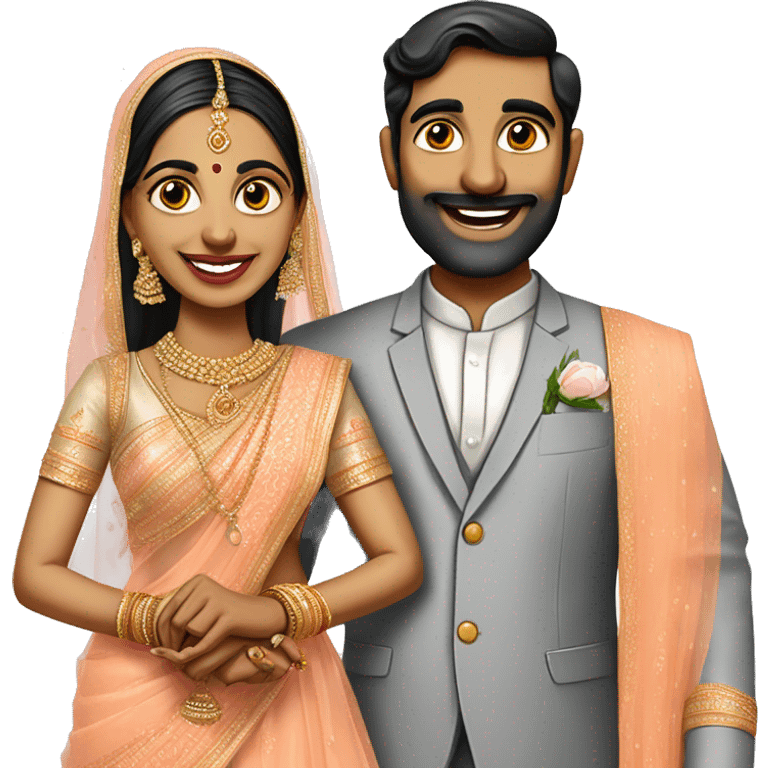 south indian wedding caricature of bride wearing peach colour lehenga and groom wearing Grey coloured tuxedo emoji