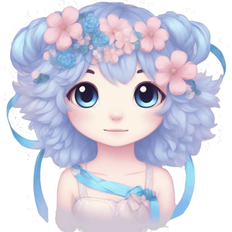 Anthro Cute Cool Blushing Pastel Innocent Shy Kawaii gorgeous sparkly ethereal fantasy anime animal creature with blue eyes furry sona with flowers and ribbons beautiful aesthetic emoji