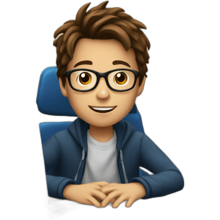 a 12-year-old boy with brown hair and glasses is sitting at a table near a computer screen emoji