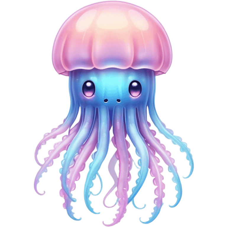 Cinematic floating kawaii jellyfish, tiny round body, soft glowing tentacles, pastel pink and blue hues, delicate sparkling highlights, dreamy and adorable. emoji