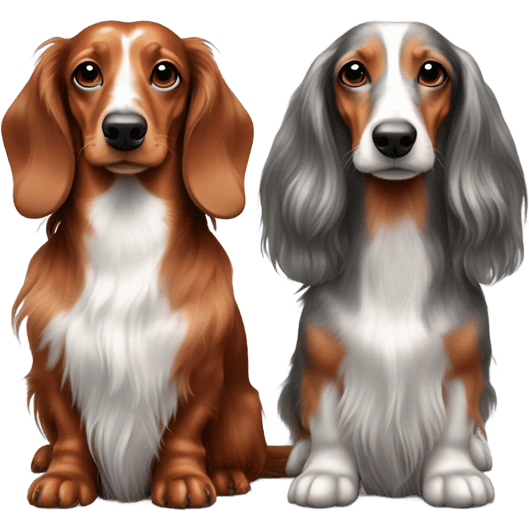 Long haired red dachshund and long haired silver dapple dachshund sitting together  emoji