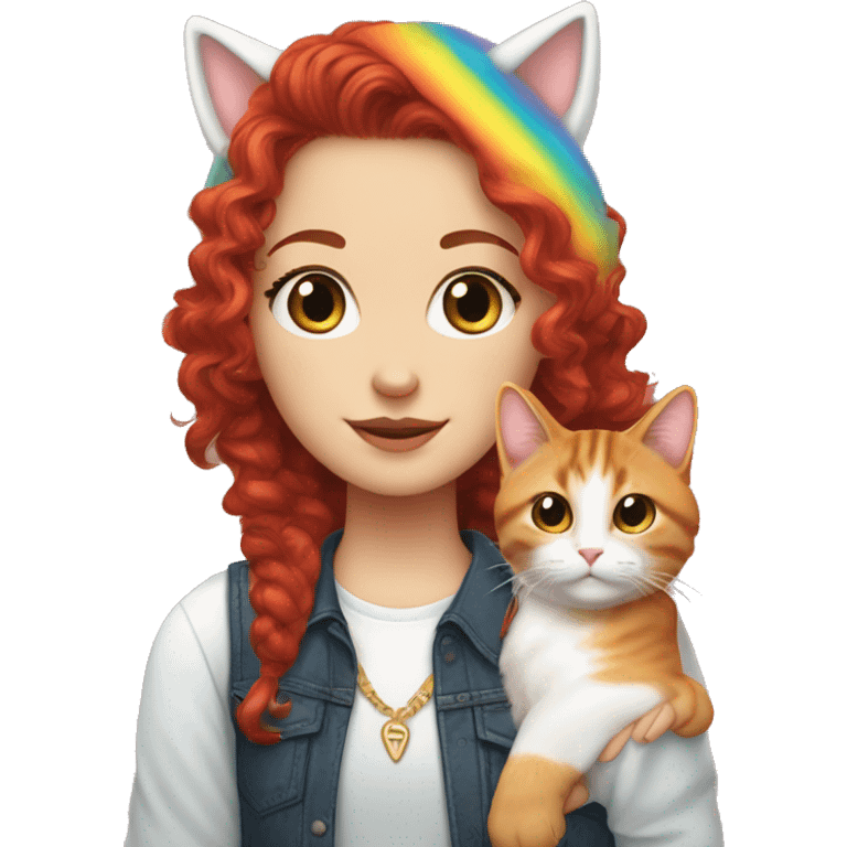 a white girl with long red curly hair in a pony tail with rainbow shirt does peace sign wearing cat ears one black other white emoji