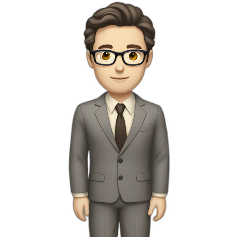 Full height Pale skinned Fit Man With dark brown hair in classic gray suit, beige office shirt, dark gray tie, and vintage glasses. His hands lock emoji