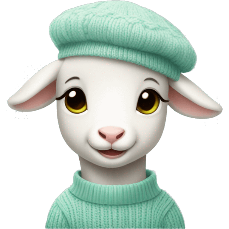 cute little lamb wearing a water green sweater and a white beret emoji