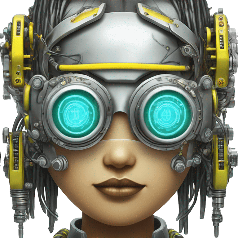 Neon yellow bobbed hair Asian female cyborg head with silver steampunk goggles and circuits emoji