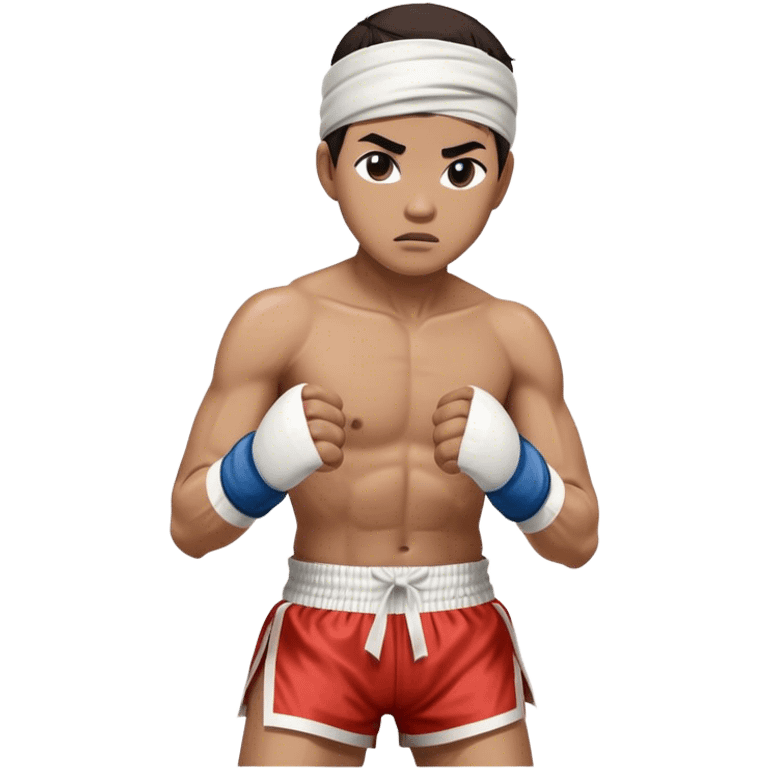 ​Cinematic Realistic Traditional Muay Thai Fighter, depicted in authentic attire featuring white bandaged gloves wrapped around his fists, a traditional headband tied neatly, and classic Muay Thai shorts, captured in a dynamic fighting stance under dramatic, high-energy lighting that highlights the raw power and elegance of the art, emoji