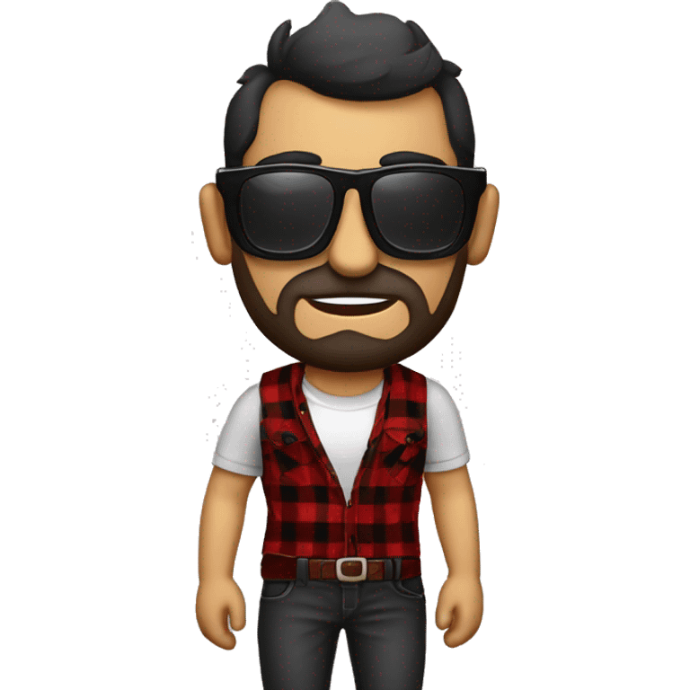 Señor calvo con gafas de sol oscuras rock y camisa cuadros roja y negra emoji