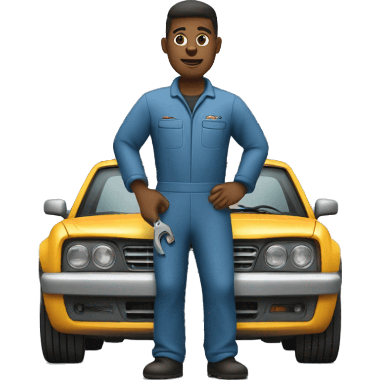 A mechanic working in a garage, wearing a jumpsuit, holding a wrench, and standing next to a car that needs repairs emoji