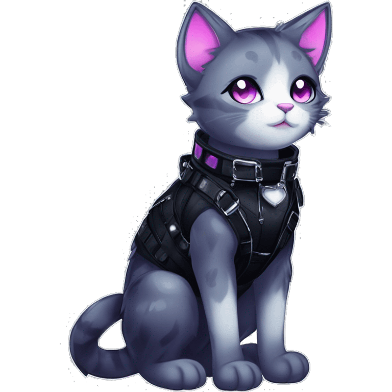 Gorgeous sparkly legendary shiny gradient gothic dark techwear anime style anthro cat with blushing face aesthetic and pretty edgy black with collar and harness trending style emoji