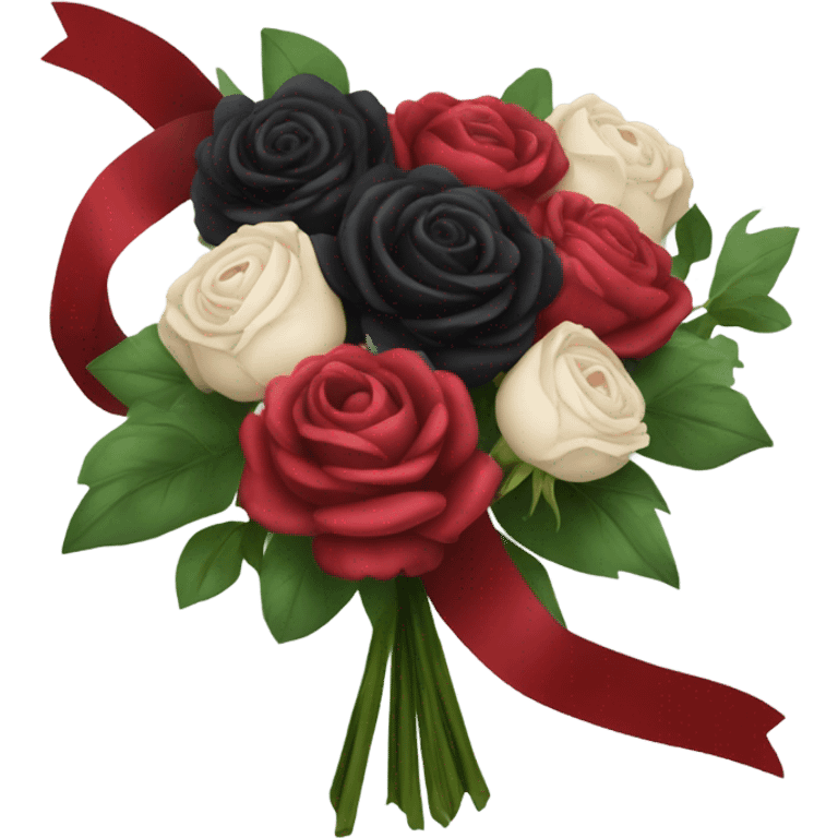 Gothic three black roses and three red roses and three burgundy peonies in a bouquet entwined with a bird ribbon emoji