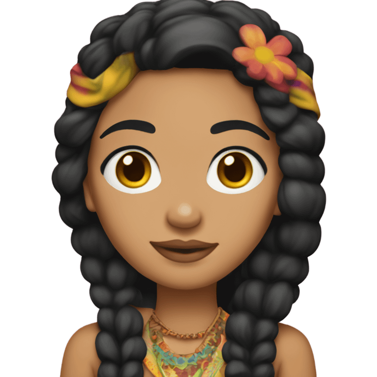 Tanned woman with black hair dressed in 1970s hippie attire, hair, makeup, and  attire with headband  emoji