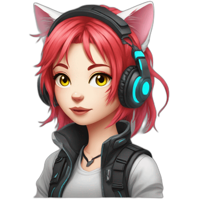 Anime cat gamer girl cyberpunk neon red hair emoji