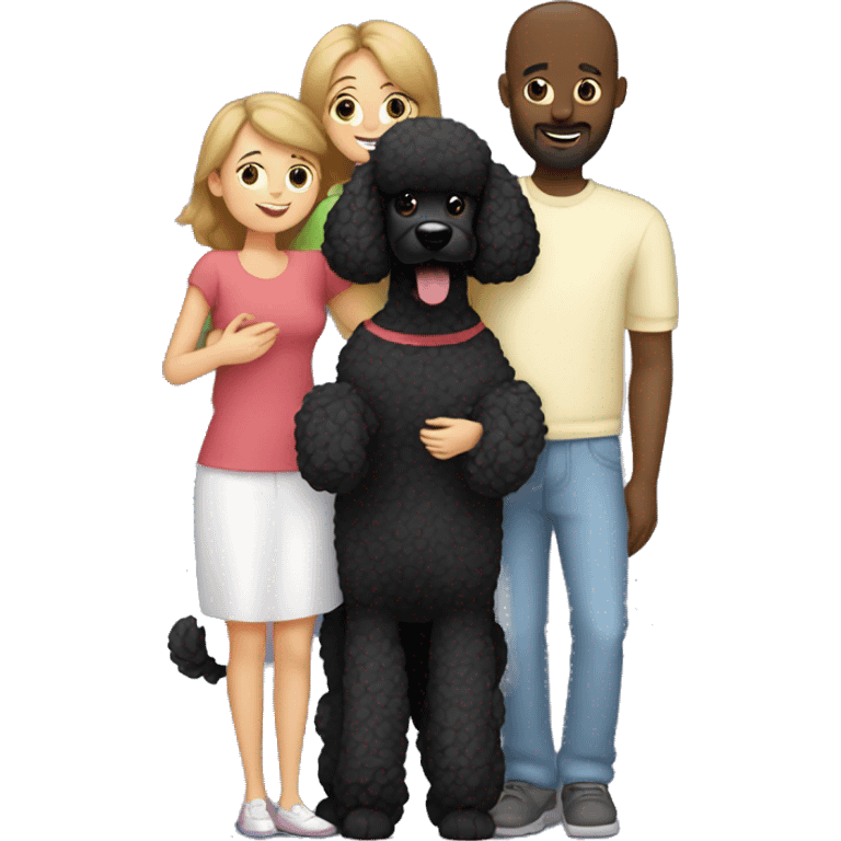 European Mom, dad and daughter hug black poodle emoji