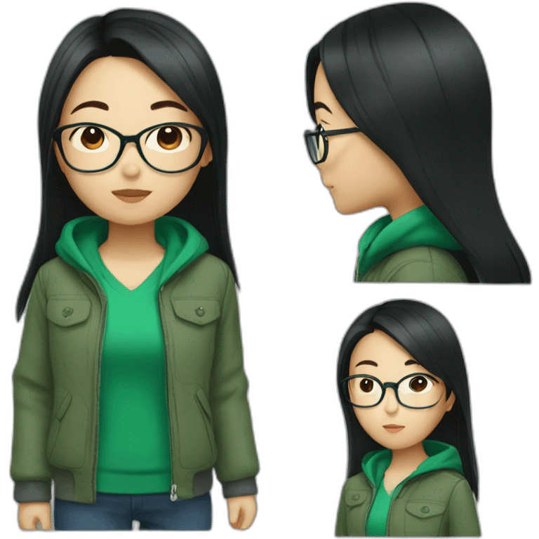 Asian girl with long black hair and glasses wearing green jacket emoji