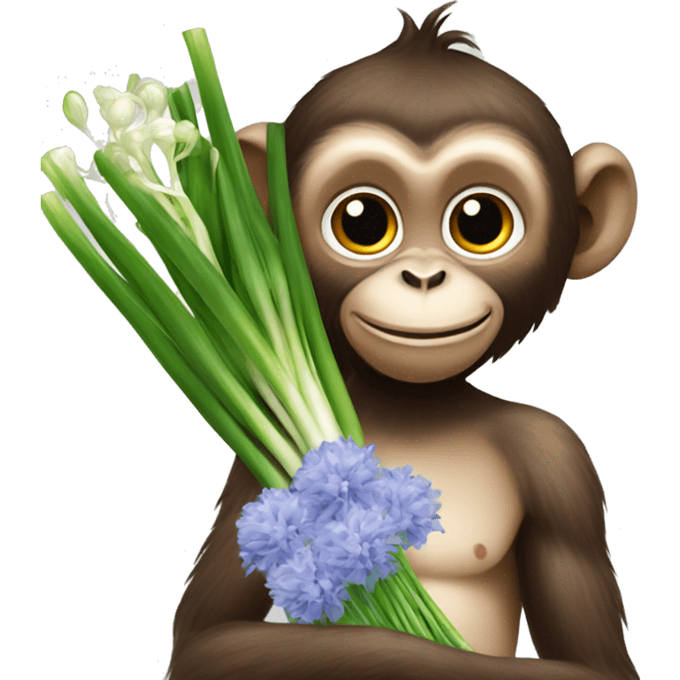 monkey holding a bouquet of onions and spring onions (it looks like a bouquet of flowers with beautiful wrappings) emoji