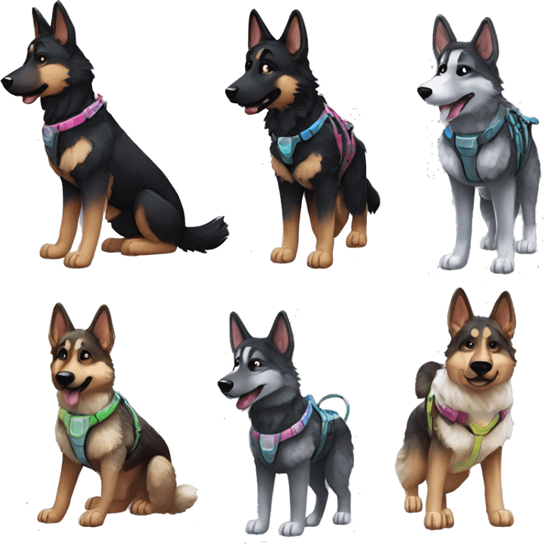  Black spotted brindle German shepherd husky fluffy ears and holographic harness running emoji